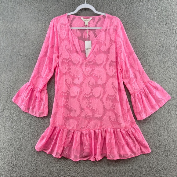 Lilly Pulitzer Shenzi Cover-Up Rousseau Pink Tangerine Dream Poly Clip Jacquard - Picture 3 of 15